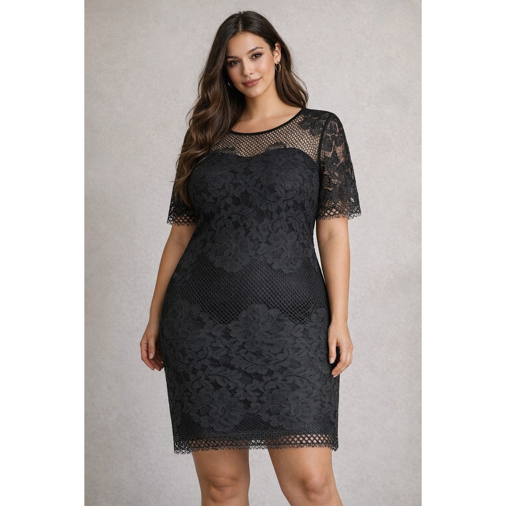 Black Lace Dress Sheer Neck Short Sleeve 1X Lined Midi‎ Cocktail Wedding Guest